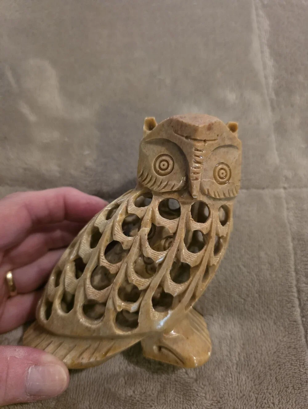 Hand Carved Owl Figurine - Honey Brown Stone